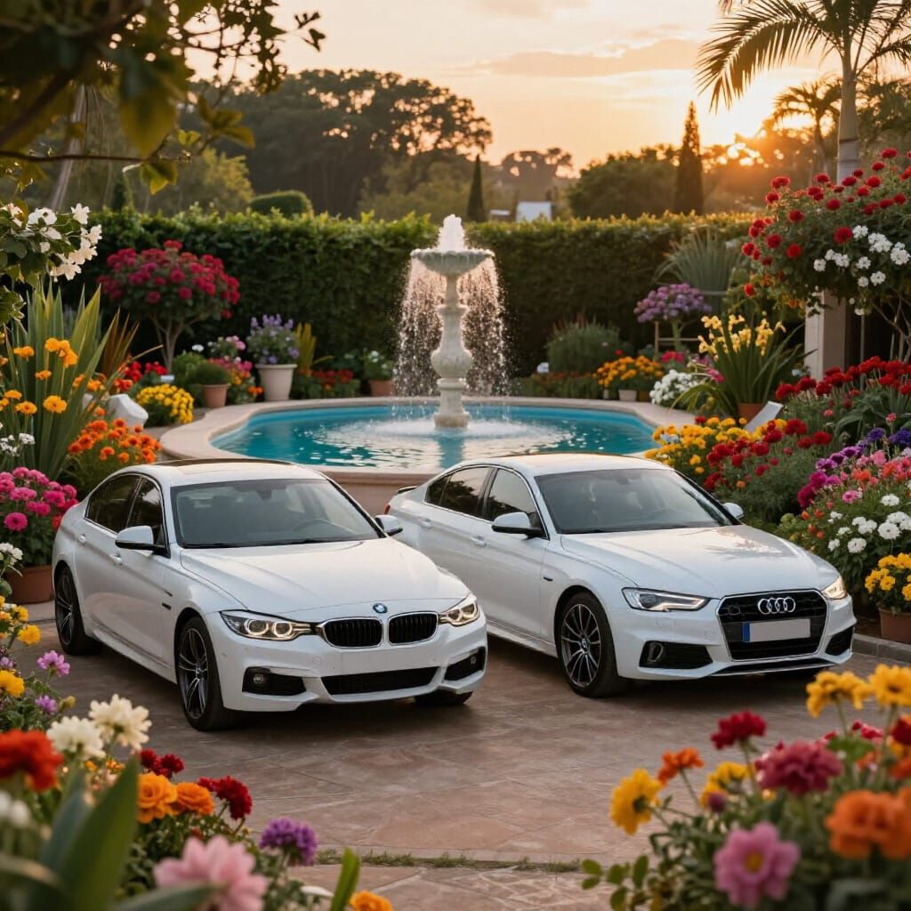 Luxury BMW and Audi Parked in Vibrant Floral Garden at Sunse...