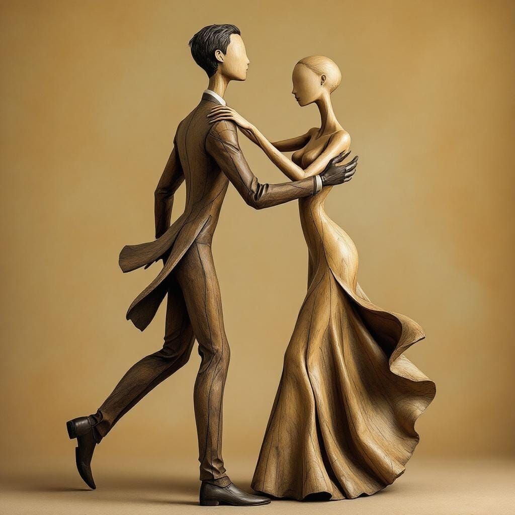 A stylized sculpture of two figures dancing,