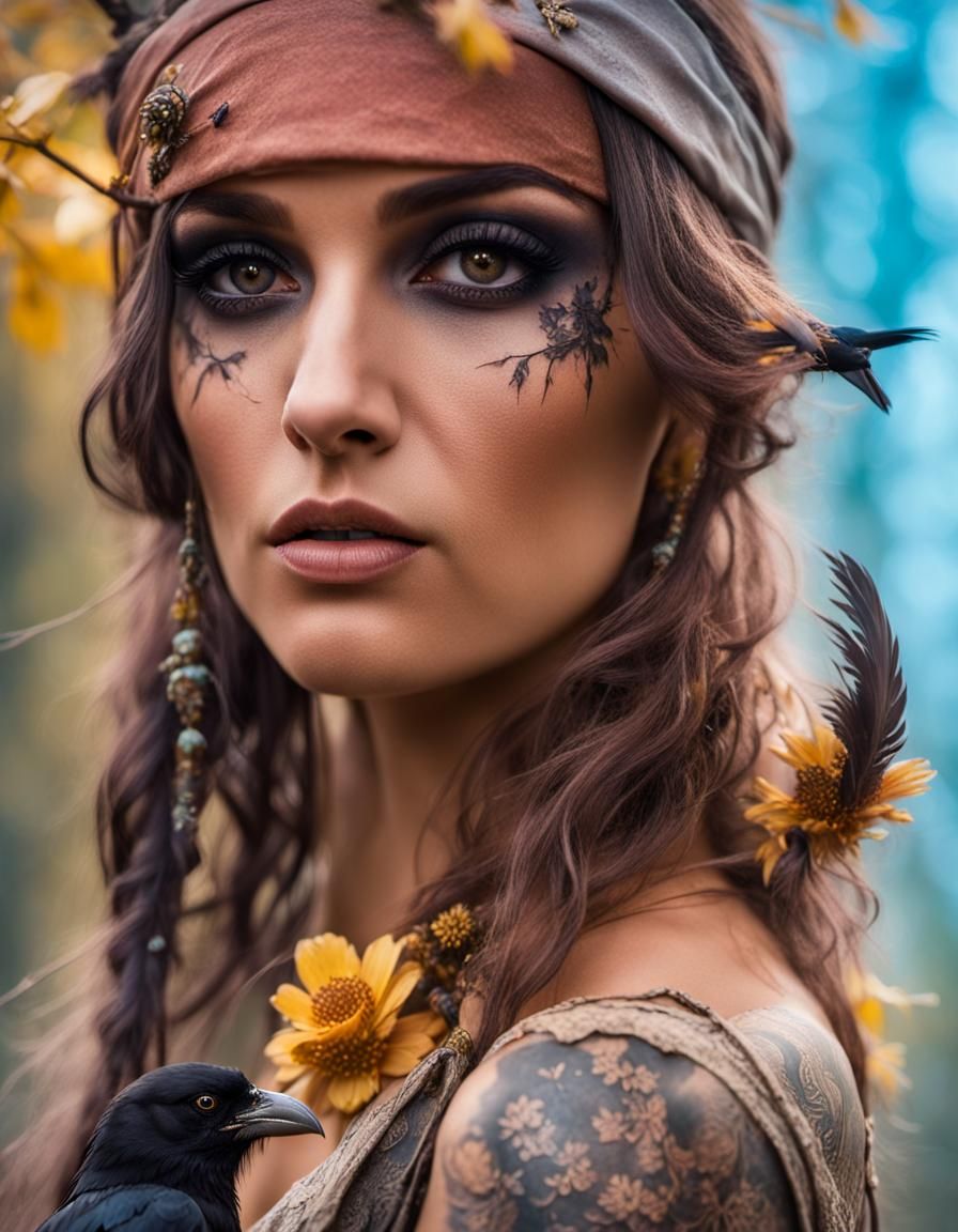 Pirate Girl with Raven in Misty Forest, Cinematic Film Still