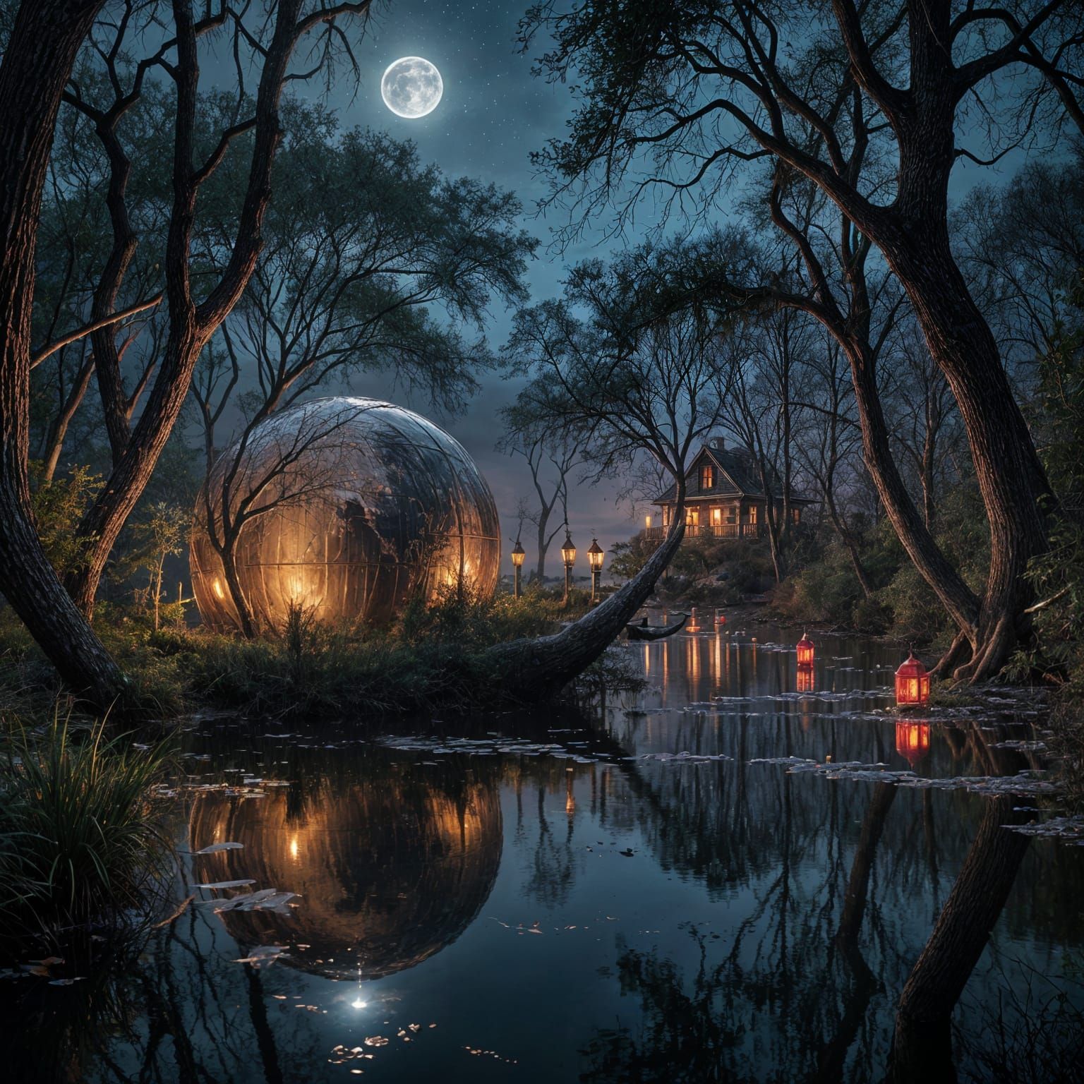 Gothic Silver Globe Amidst Bayou Night, Red Rubies Shine Bri...