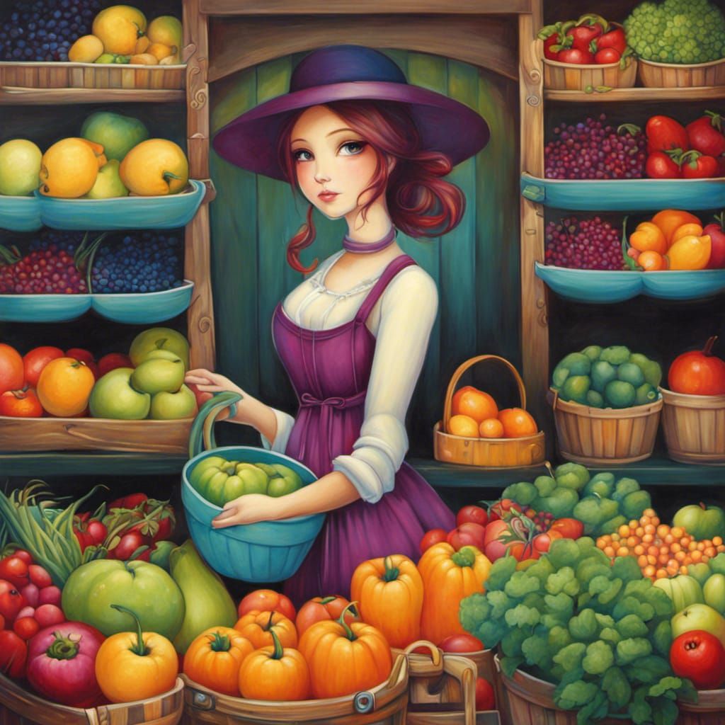 Whimsical Farmer's Market in Pop Surrealist Style