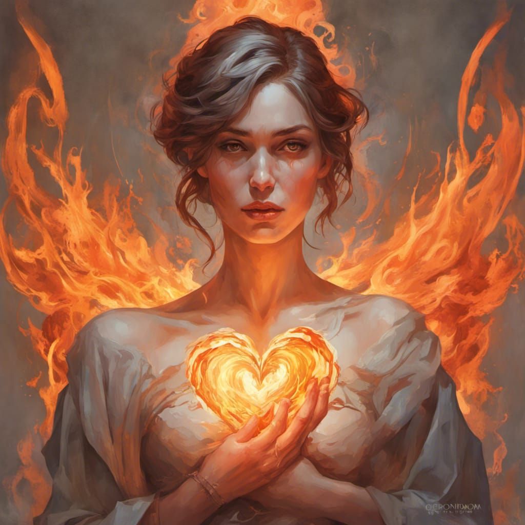 Woman with Burning Heart: Detailed Romantic Portrait