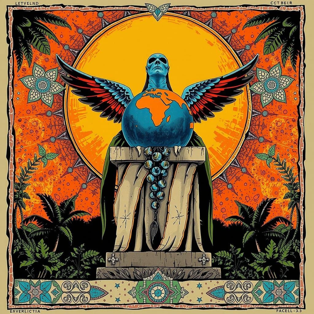 Vibrant Rainbow Jungle with Giant Fruits and Marble Etchings