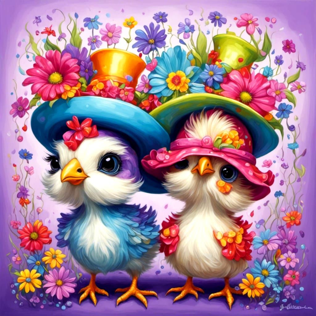Chibi Chickens in Lisa Frank Style with Flowers