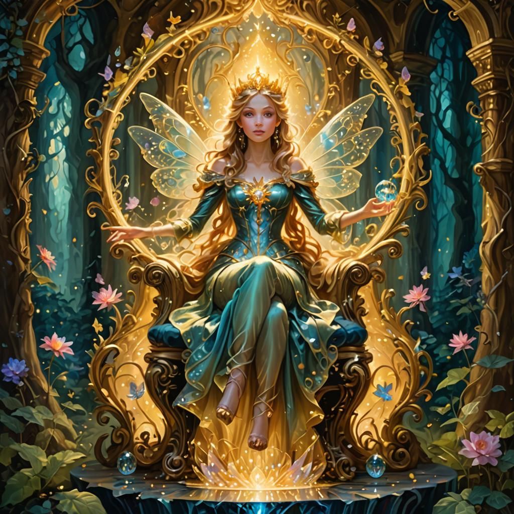 Fairy Princess on Crystal Throne in Enchanted Forest