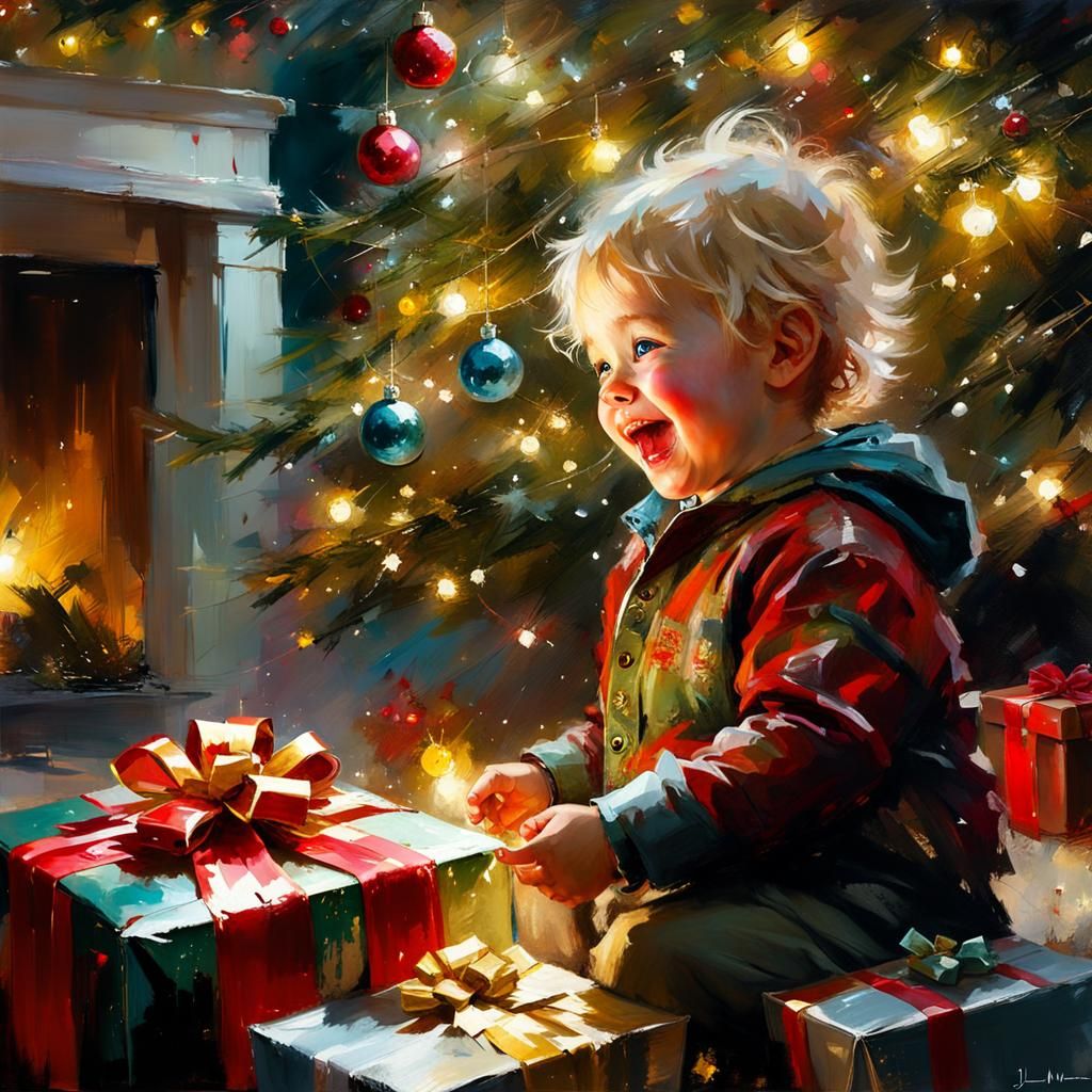 Toddler Opening Christmas Gift as Matte Painting