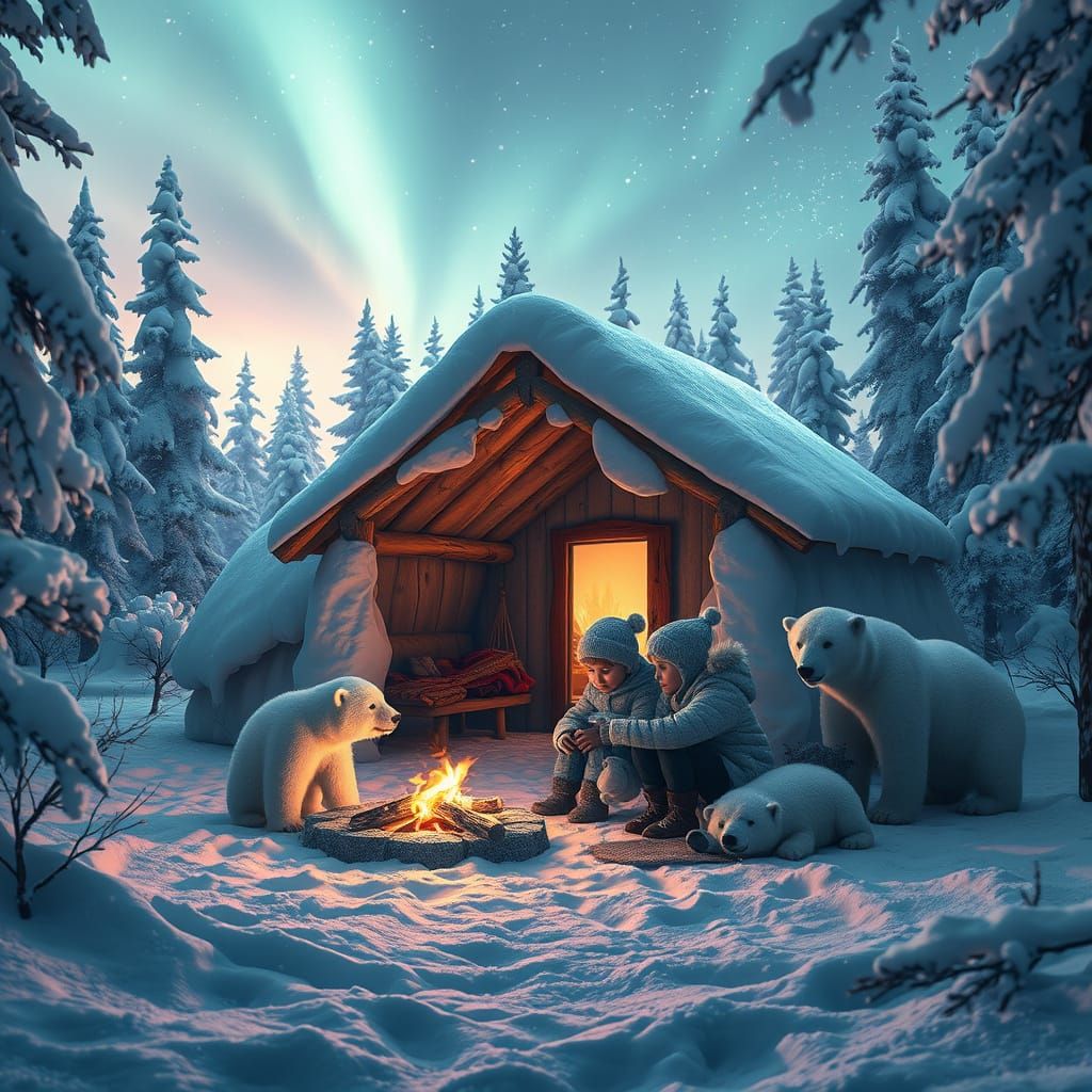 Winter Wonderland Camping Scene with Northern Lights and Pol...
