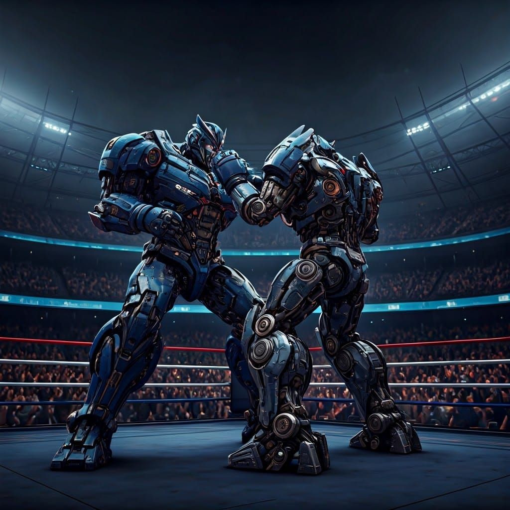 Robots Boxing in Neon Ring, Fantasy Concept Art