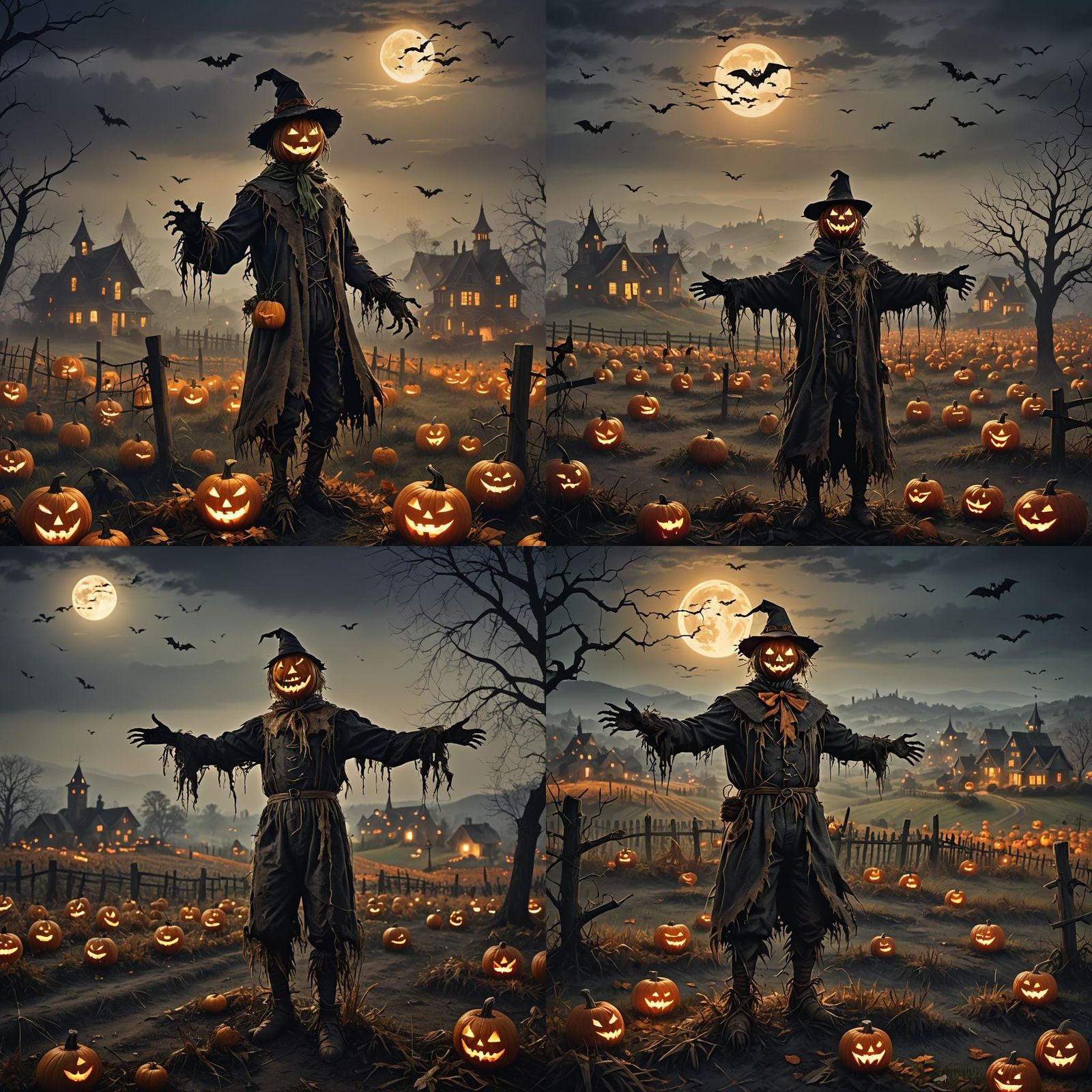 Spooky Halloween Scarecrow Overlooking Village as 3D Art