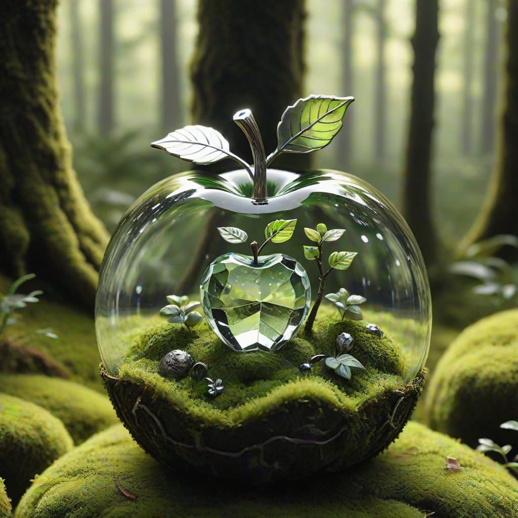 Crystal Apple in Dark Forest with Miniature Orchard Inside