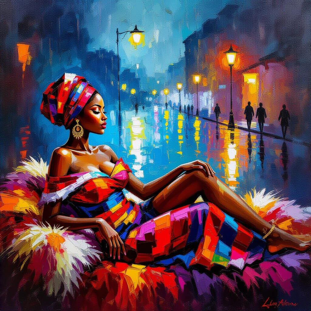 Romantic African Woman in Vibrant Cityscape Painting
