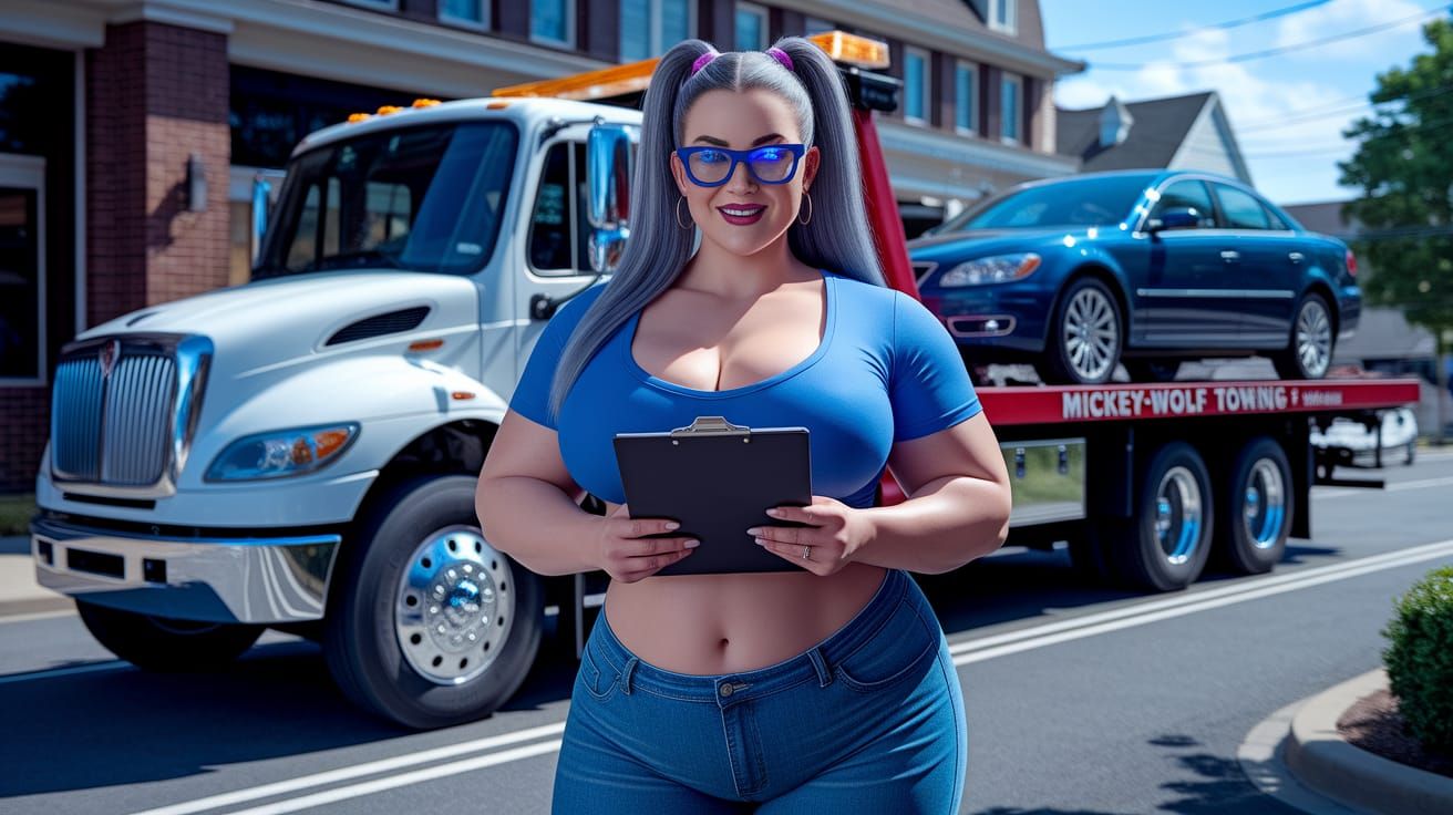 Realistic Plus Size Female Bodybuilder in Tow Truck
