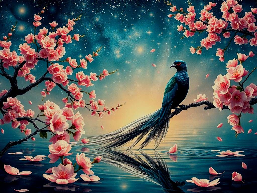 Chinese Cherry Blossom Garden with Green Pheasant