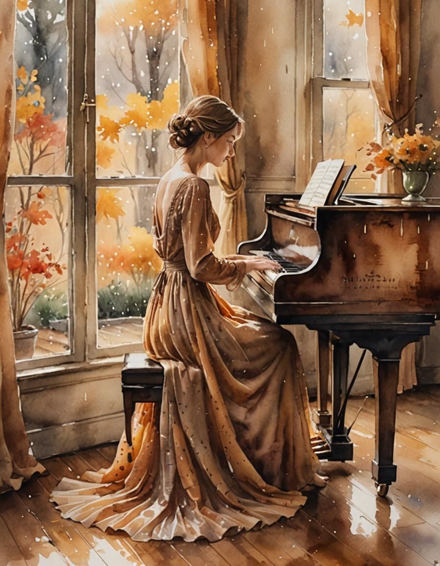 Woman Plays Piano on Rainy Day: Watercolor Painting