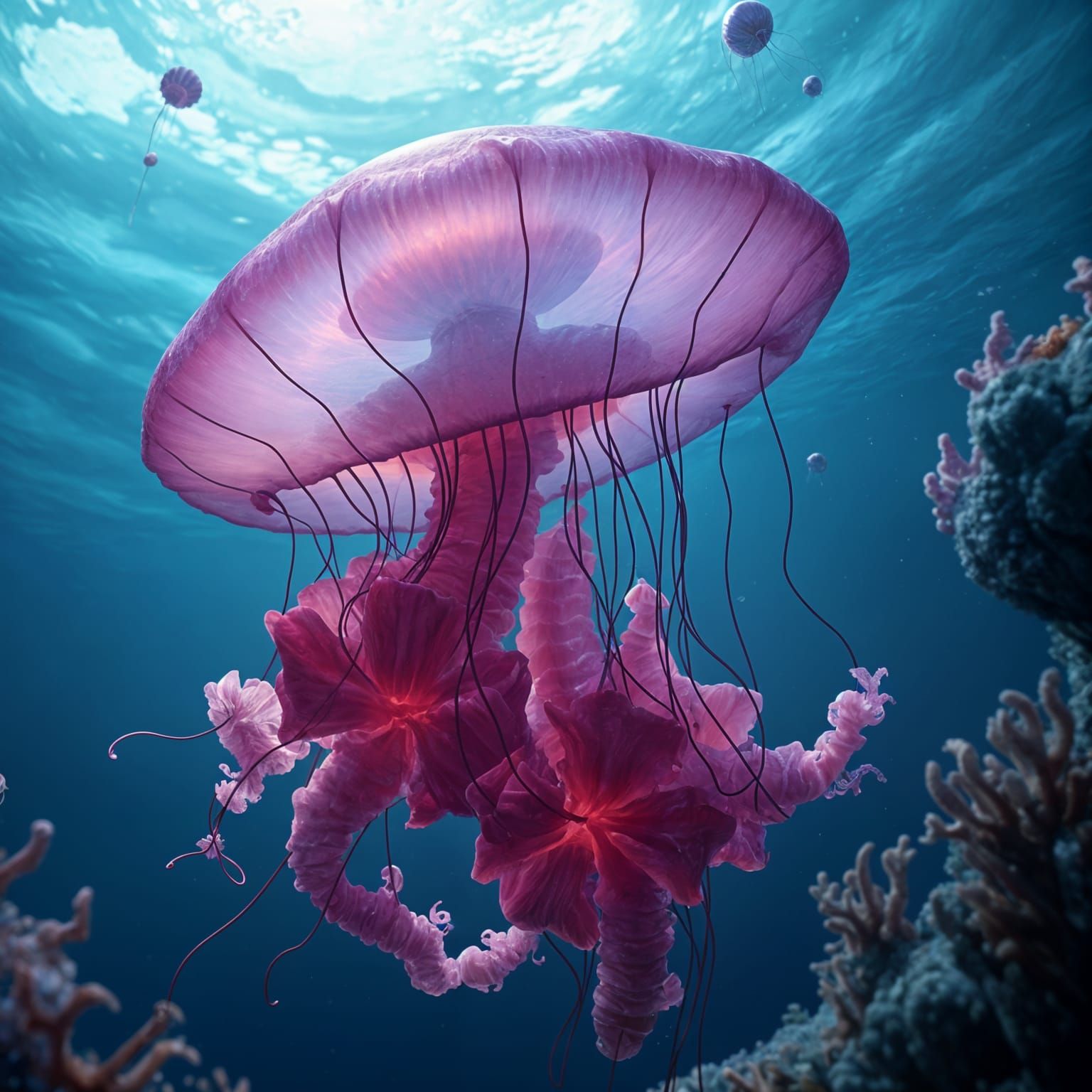 Jellyfish silhouette, bottom view, ocean setting