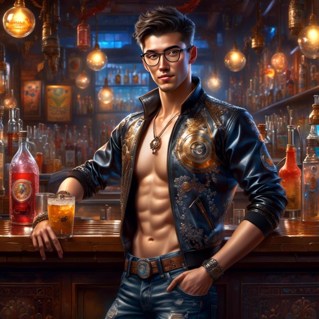 Handsome Bartender in Cozy Bar, Photorealistic Image
