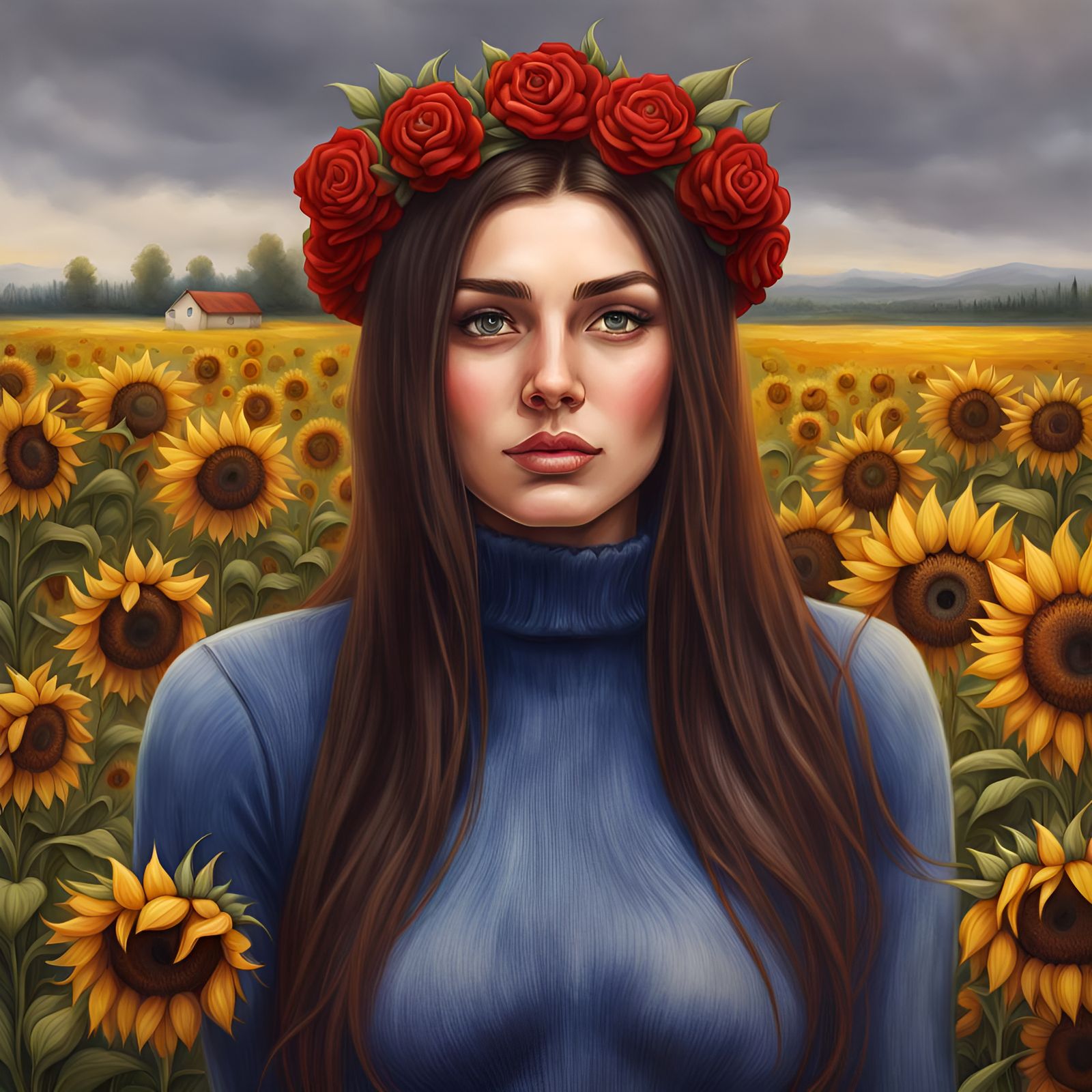 Brunette with Roses Hairwreath in Sunflower Field