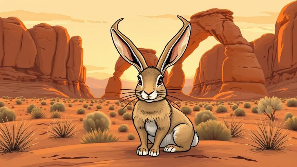 Mystical Jackalope Under Delicate Arch, Illustrative Style