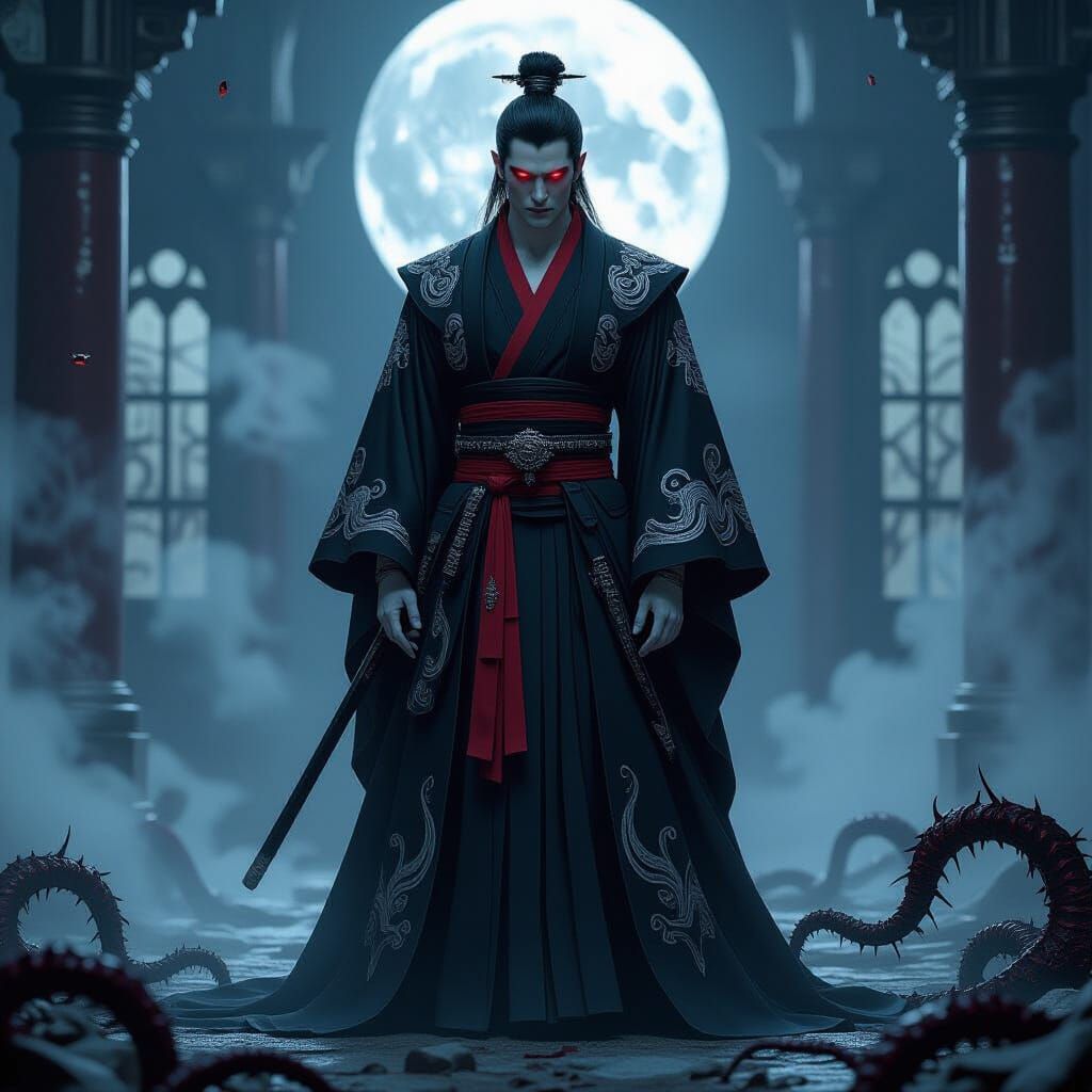 Crimson-Eyed Man in Decaying Palace, Dark Fantasy Style