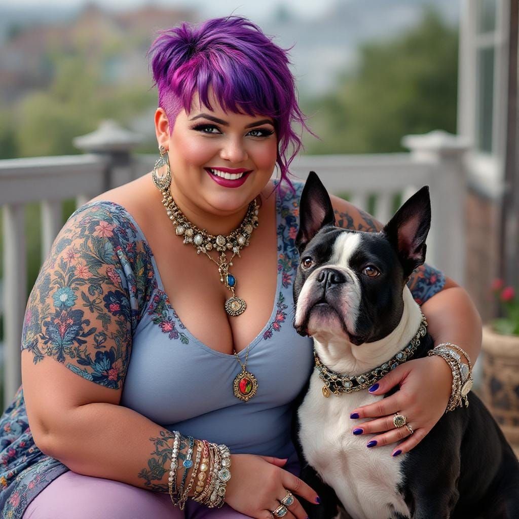 Woman Petting Dog with Vivid Colors