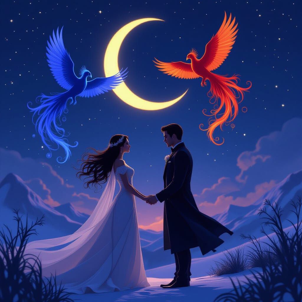 Man and Woman Under Moonlit Snowfall with Mythical Birds
