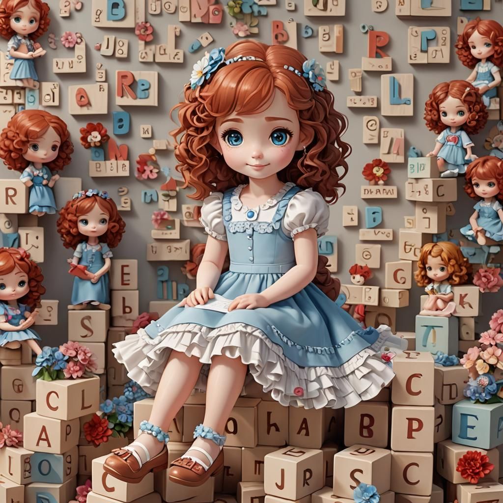 sweet little chibi girl, she is sitting on blocks with lette...