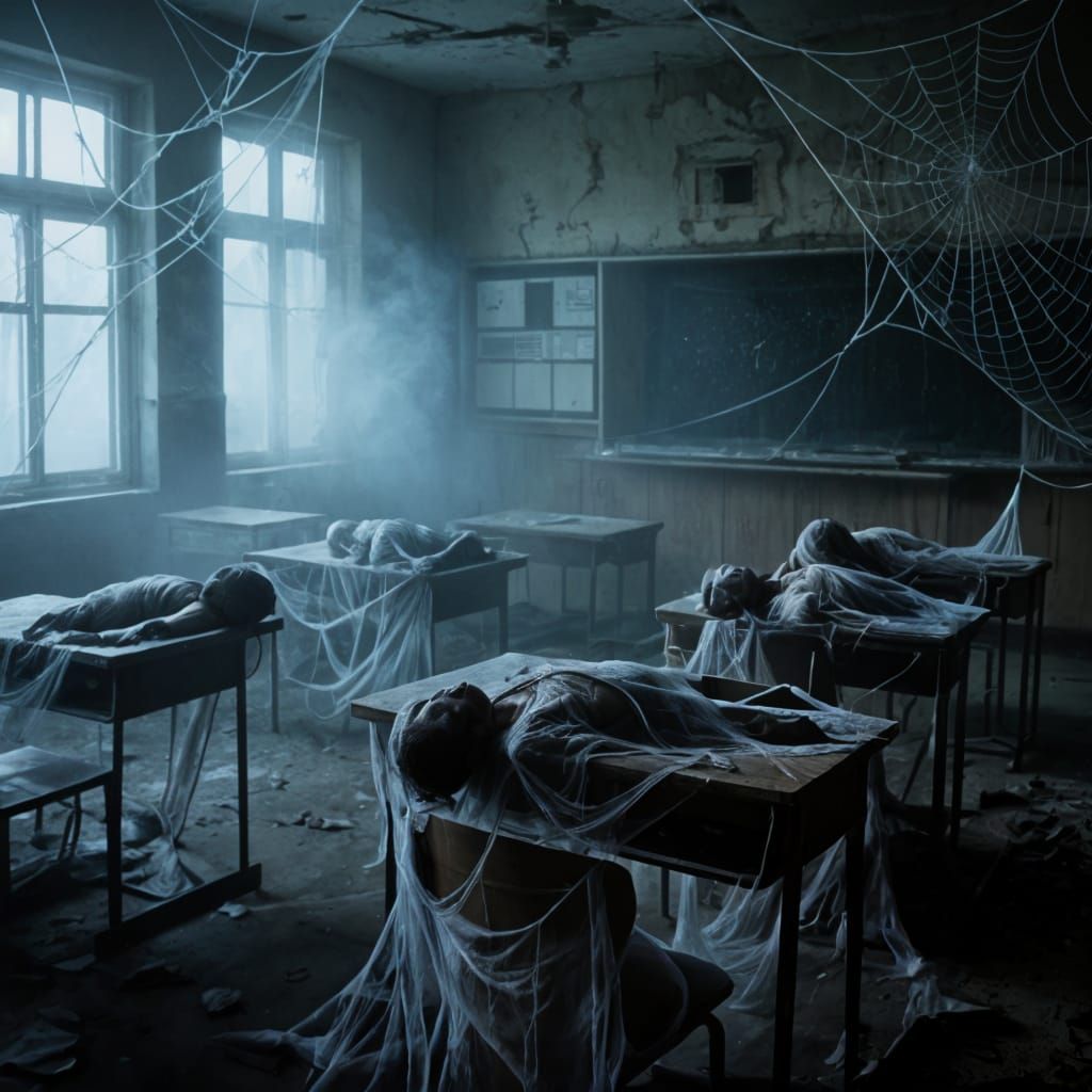 Eerie Web-Covered Figures in Abandoned Schoolroom