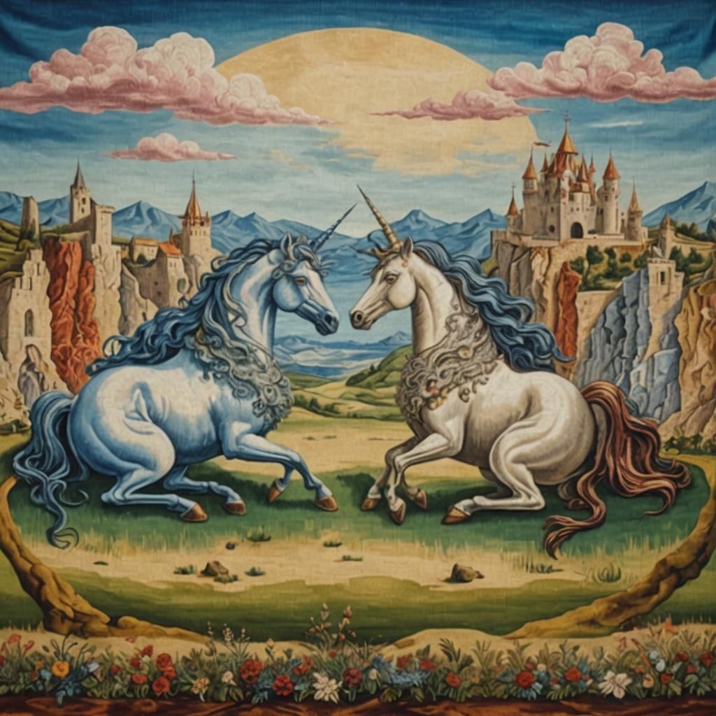 Unicorns Face Off in Surreal Medieval Tapestry