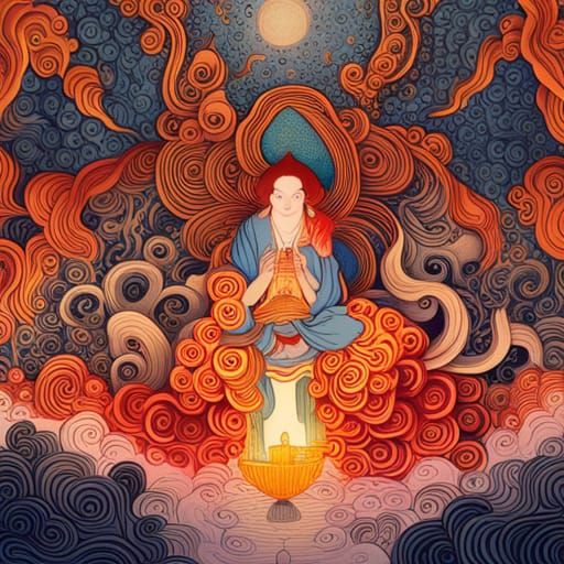 Hidden World: Tibetan Thangka with Liquid Ink Effects