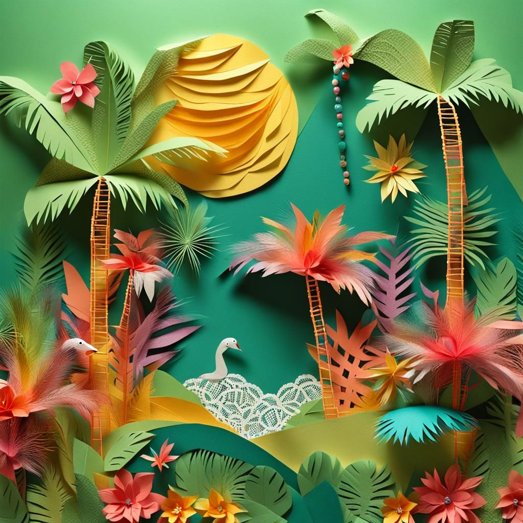 Tropical Landscape Composed of Paper and Beads