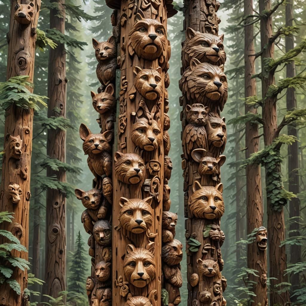Hikers Admire Hand-Carved Wooden Totem Pole