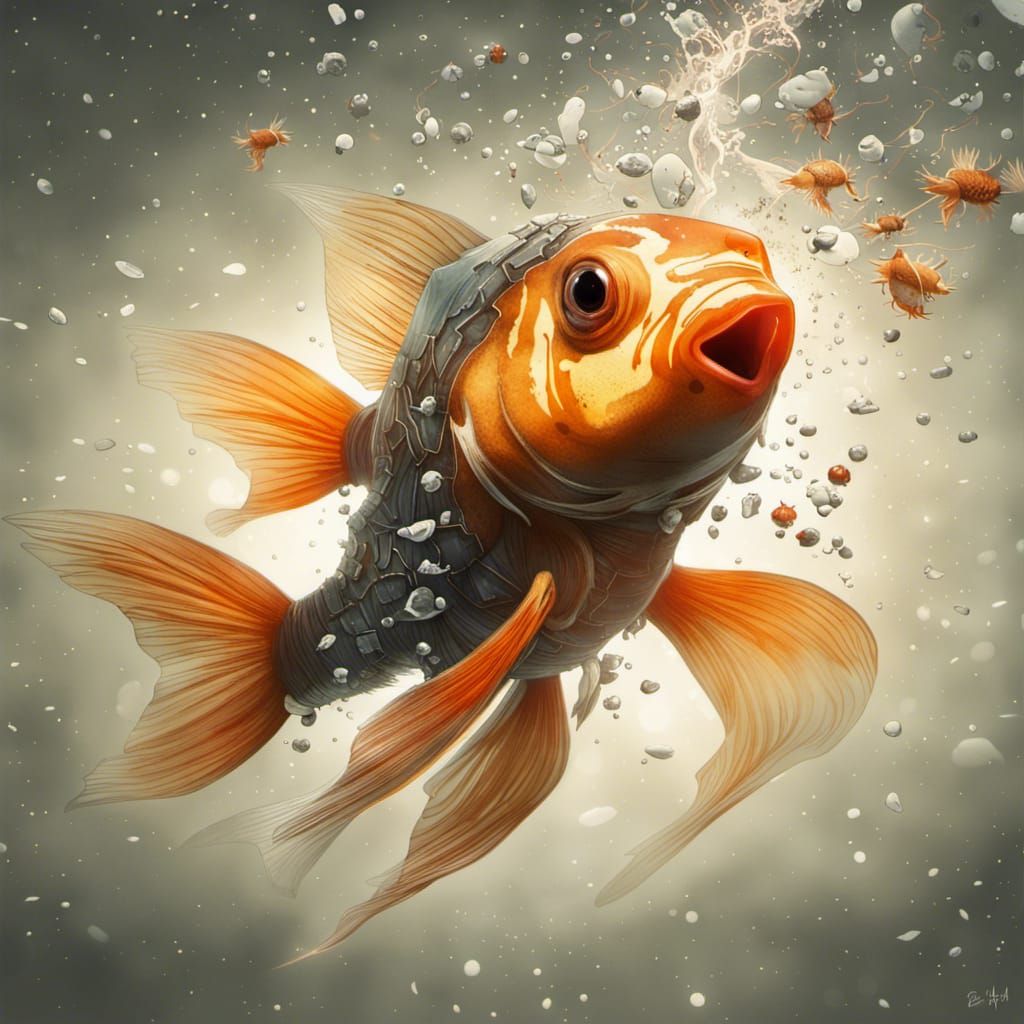 Goldfish with Colliding Quantum Particles in Digital Art