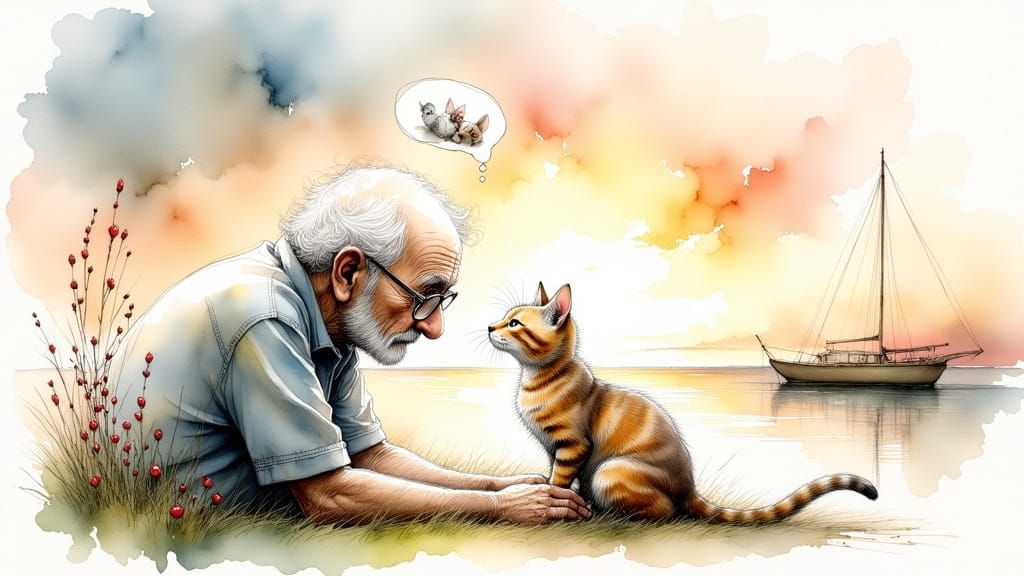 Touching Watercolour of Man Remembering Tabby Cat