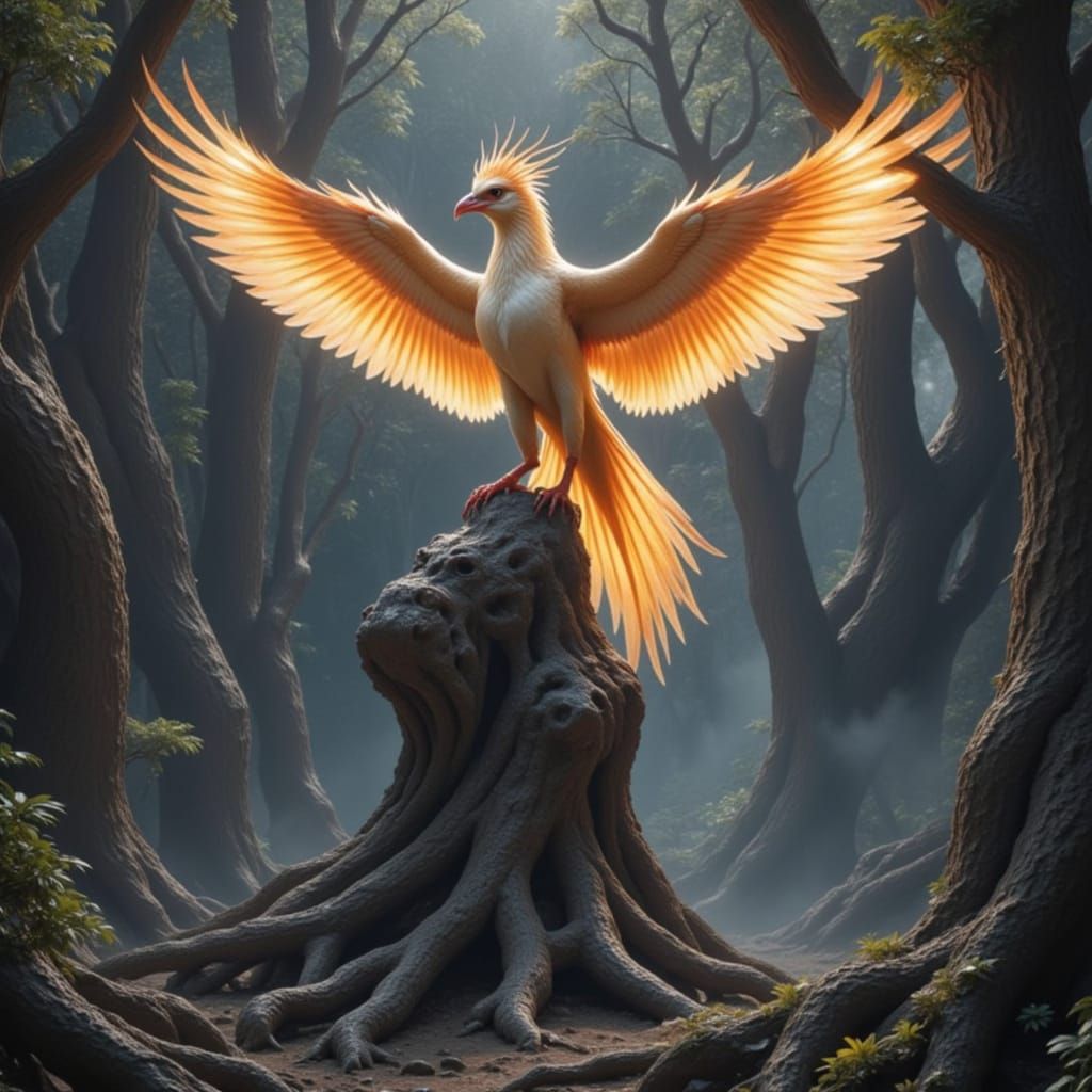Regal Phoenix with Golden Crown in Mystical Forest
