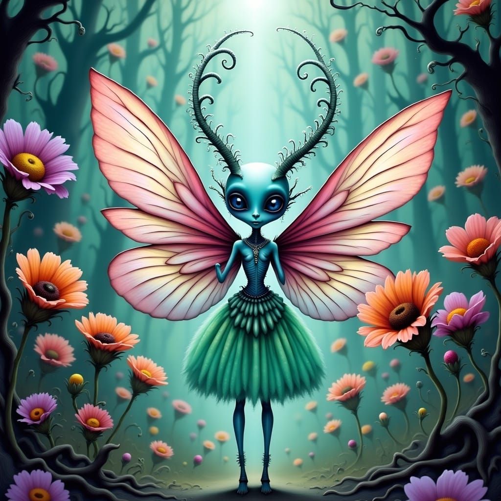 Luminous Alien Goddess in Whimsical Sci-Fi Landscape