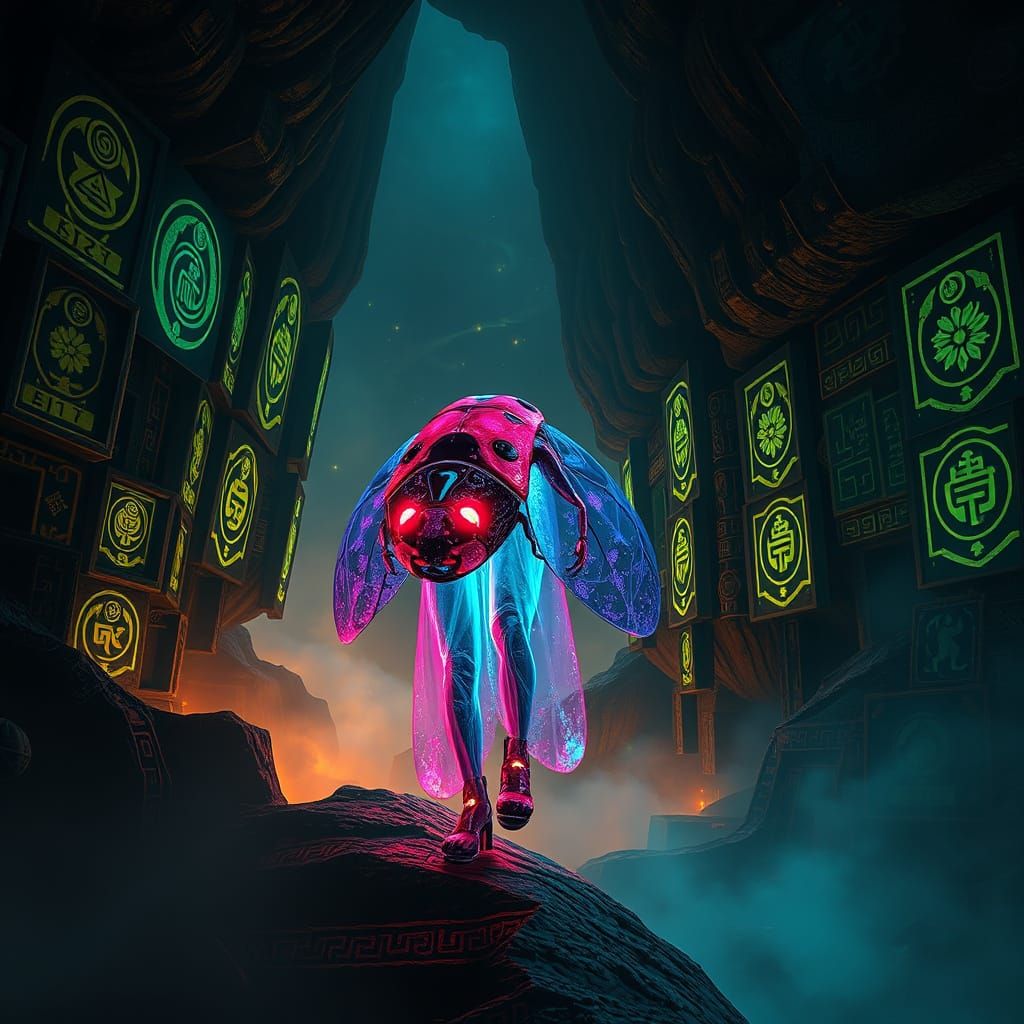 Bioluminescent Ladybug Exploring Mystical Cavern in Hyperrea...