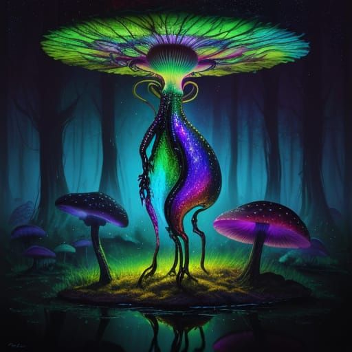 Alien in Forest: Surreal Oil Painting with Triadic Colors