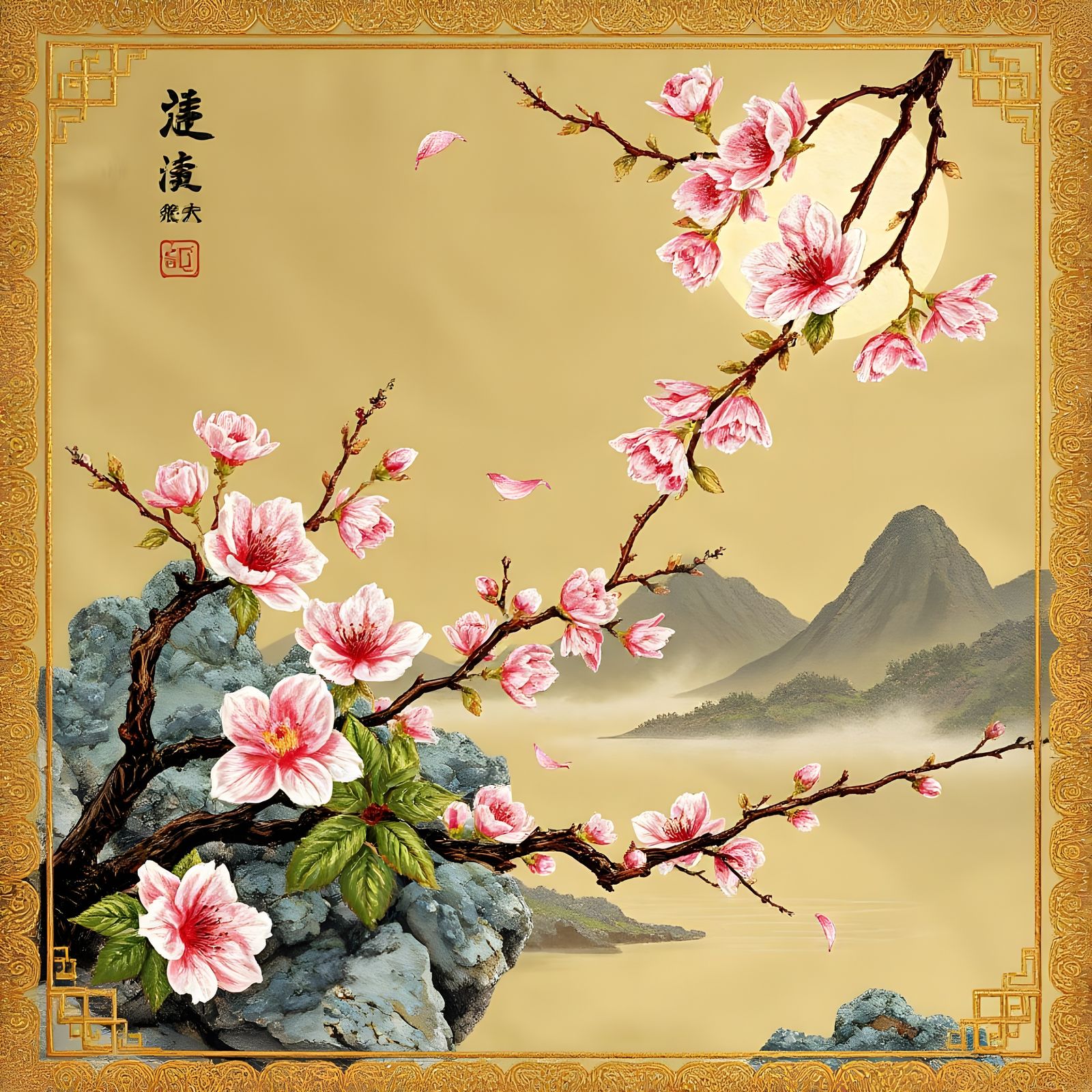 Vibrant Cherry Blossom Silk Embroidery in Ancient Chinese St...
