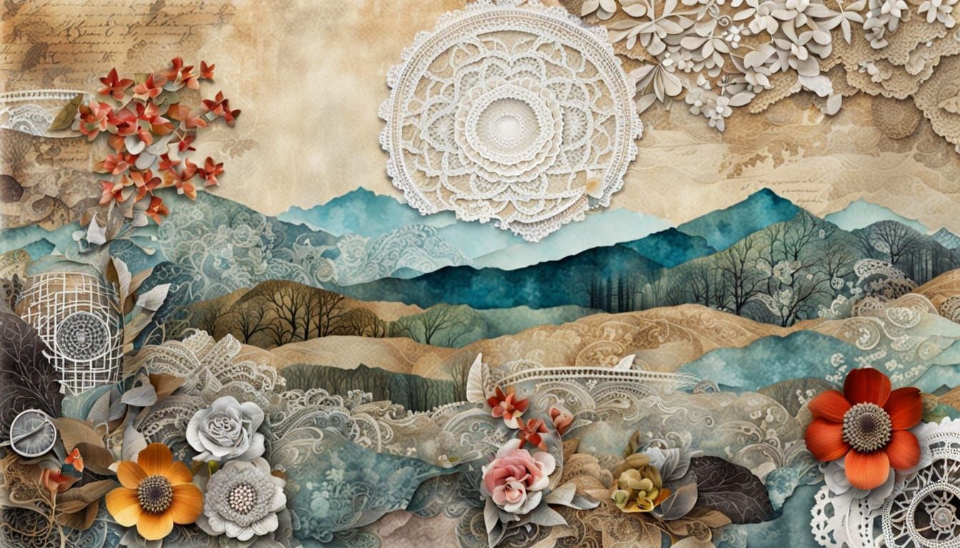 Mixed Media Collage, Lace Landscape (xtough's lace collage 5...