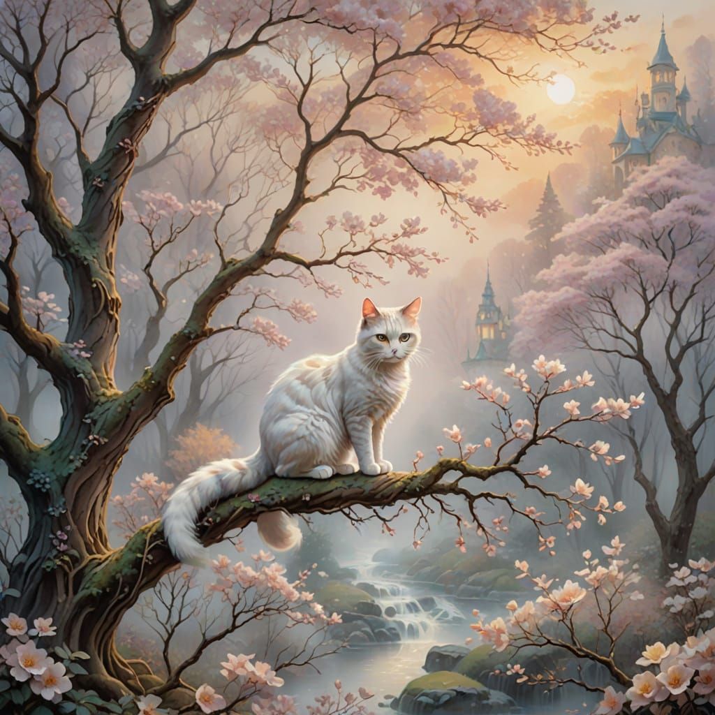 Whimsical Watercolor Tree with Silk Flowers and Gentle Cat