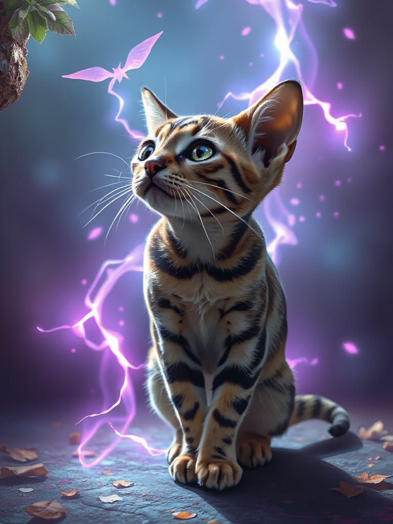 Bengal Cat Witnessing Magic: Painterly Fantasy Art