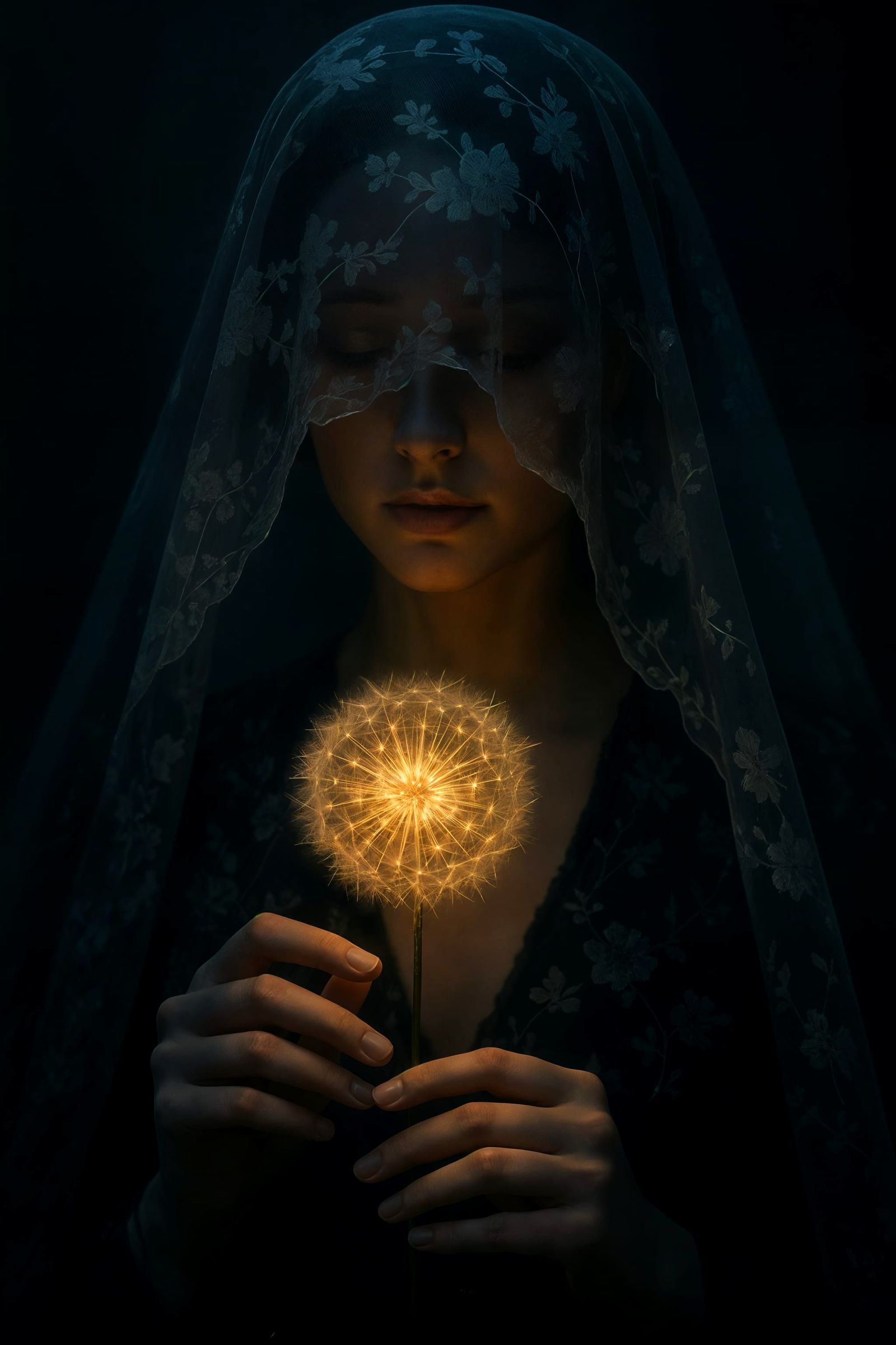 Ethereal Woman with Glowing Dandelion in Digital Art