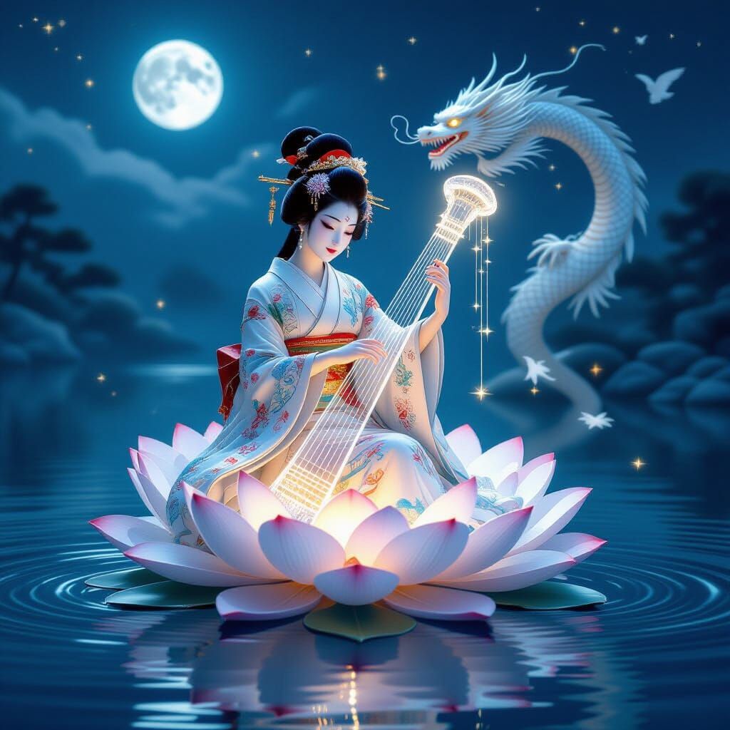 Benzaiten Plays Crystal Harp on Moonlit Lake