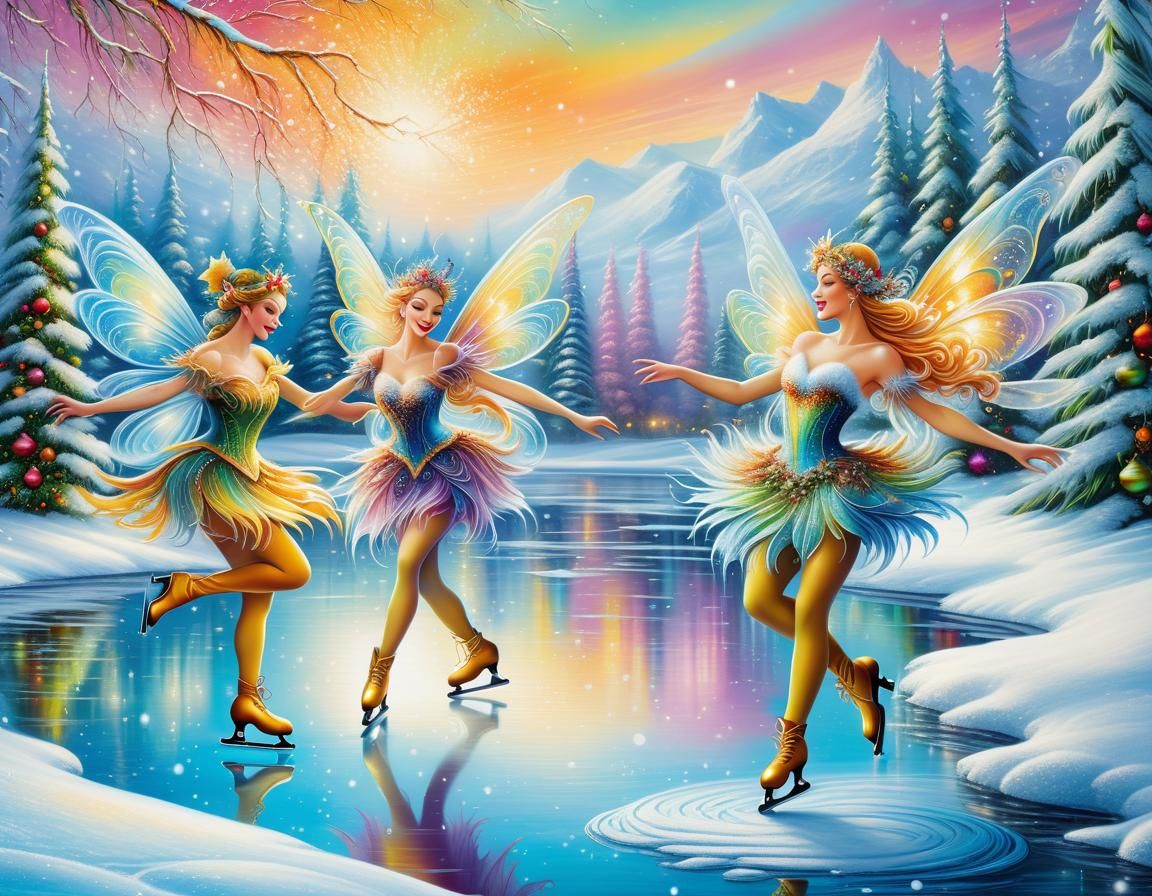 Winter Fairies Ice Skating in Christmas Wonderland