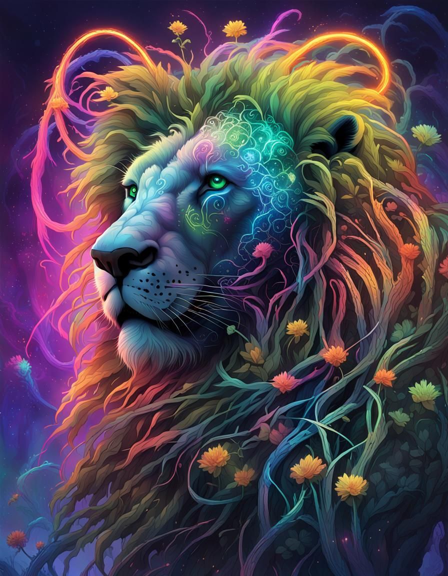 Cyberpunk Lion Entwined with Nature in Neon Cityscape