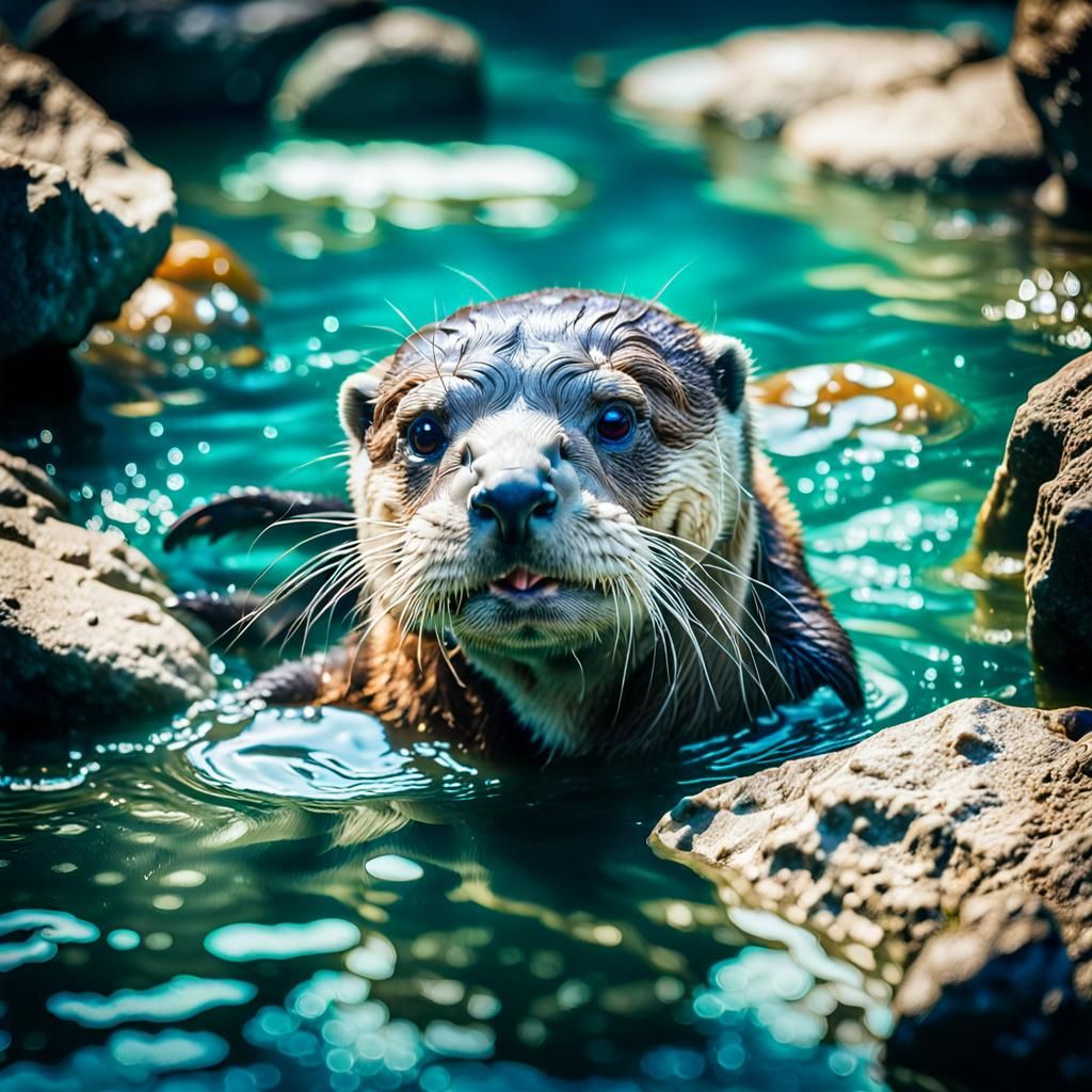 Cute Otter Eating Oyster in Cyan Water