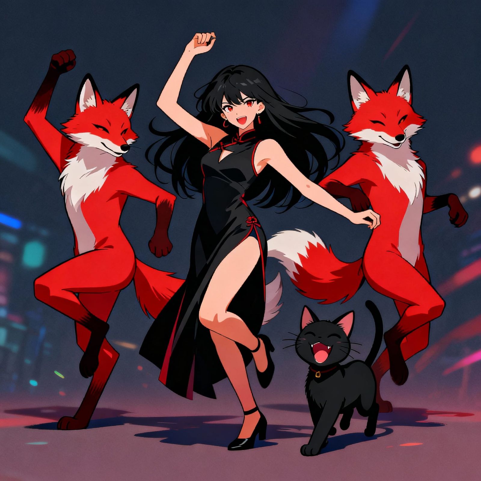 Anime Woman Dances with Foxes and Cat