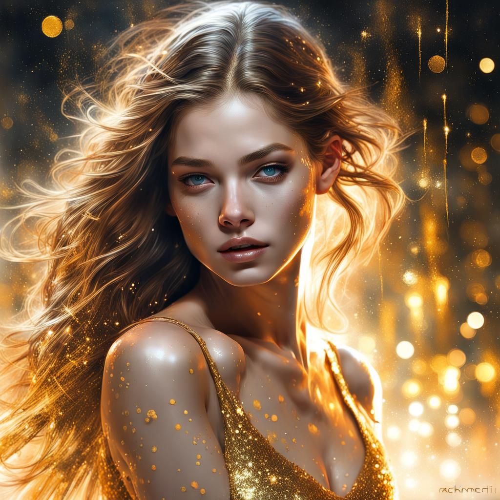 Glittery Ballerina in Bioluminescent Golden Galaxy