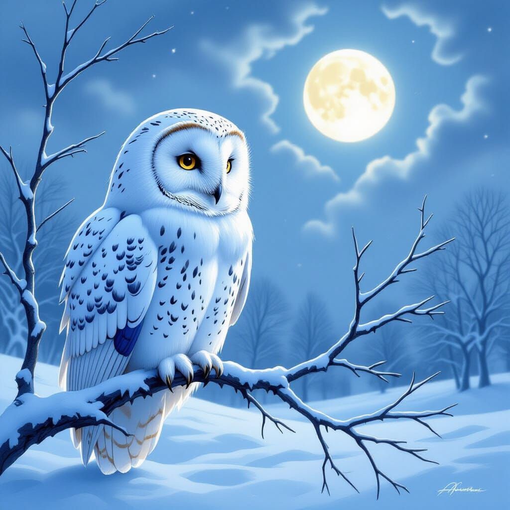 White Owl Gazing at Winter Landscape