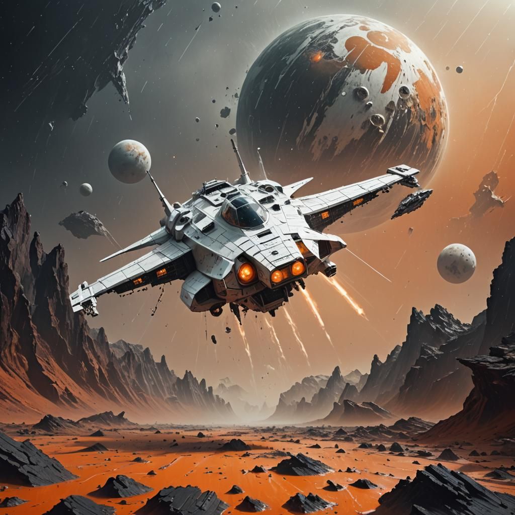 Futuristic Spaceship over Orange Planet, Matte Painting